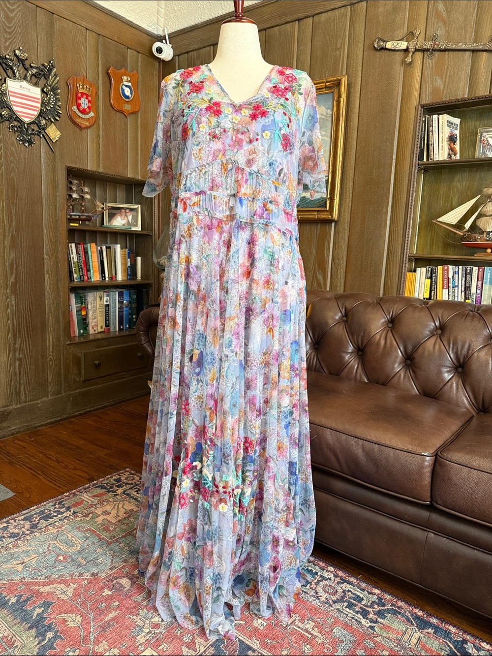 Johnny Was Mazzy Ruched Dress Flora Embroidered Maxi Dress
